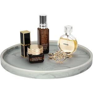 Emibele Round Vanity Tray Resin Marble Decorative Organizer Bathroom Grey